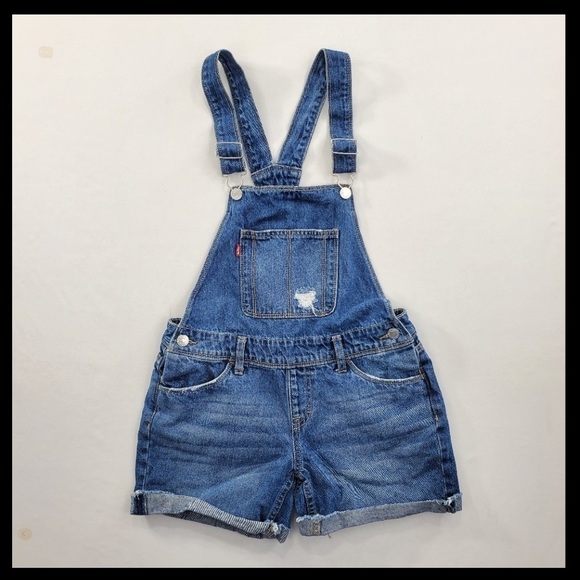 Levis Shortalls Blue Bib Shorts Girls 12R 29x4 Distressed Med Wash Cotton Denim - Picture 12 of 12